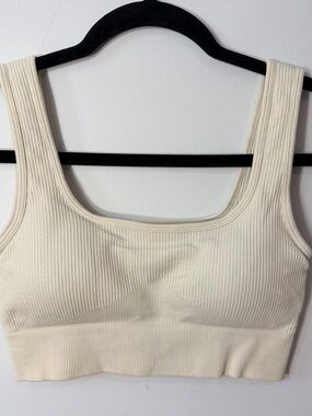 Ribbed Square-Neck Crop Tank in Light Beige